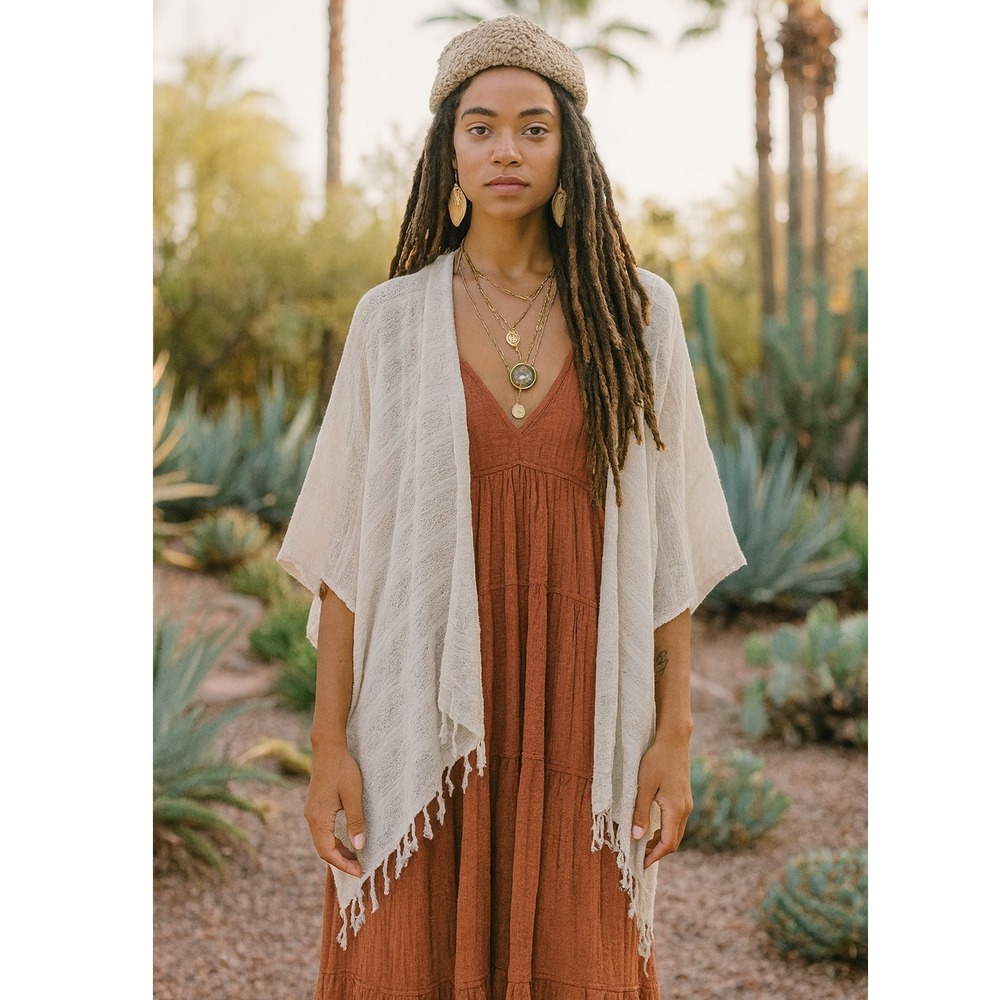 Jaded Gypsy Cream Open Front Textured Cotton Kimono Duster New